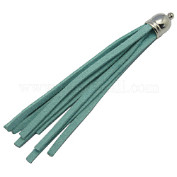Suede Tassels, with Platinum Color Brass Findings, Nice for DIY Earring or Cell Phone Straps Making, Cyan, 10x60~83mm, Hole: 2mm