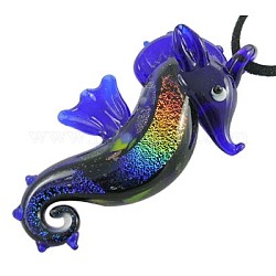 Handmade Dichroic Glass Big Pendants, Sea Horse, Blue, about 29mm wide, 69mm long, hole: 6mm