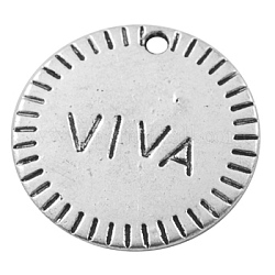 Сплавочные подвески тибетского стиля, плоские круглые со словом Viva, античное серебро, без свинца, без кадмии и без никеля, 22 мм, отверстие: 1 мм
