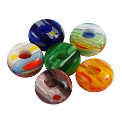 Handmade Millefiori Lampwork European beads, No Metal Core, Large Hole Beads, Rondelle, Mixed Color, Size: about 14mm in diameter, 7mm thick, hole: 5mm