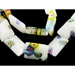 Handmade Millefiori Glass Beads Strands, White Porcelain, Rectangle, Colorful, about 13mm wide, 18mm,  hole: 1mm, 5mm thick, about 21pcs/strand, 15inch