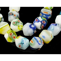 Handmade Millefiori Glass Beads Strands, White Porcelain, Polyhedron, about 16mm long, 10mm thick, hole:1.5mm, 40pcs/strand