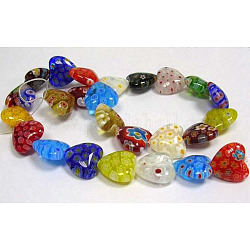 Chapelets de perles en verre de millefiori manuelles, perles de cadeau de fête des mères, cœur, couleur mixte, 12 mm de diamètre, Trou: 1mm, 32 pcs / chapelet, 13.5 pouce