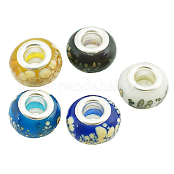 Handmade Lampwork European beads, with Silver Color Brass Core, Rondelle, Mixed Color, Size: about 13mm in diameter, 8.5mm thick, hole: 5mm