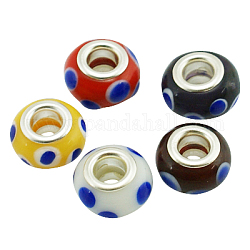 Handmade Lampwork European beads, with Silver Color Brass Core, Rondelle, Mixed Color, Size: about 13mm in diameter, 8.5mm thick, hole: 5mm
