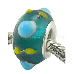 Handmade Bumpy Lampwork European Beads, with Silver Color Brass Core, Rondelle, Teal, Size: about 13mm in diameter, 8.5mm thick, hole: 5mm