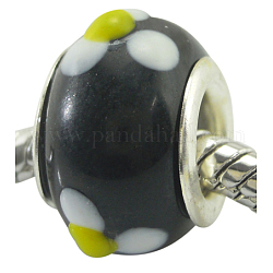 Handmade Bumpy Lampwork European Beads, with Silver Color Brass Core, Rondelle, Black, Size: about 13mm in diameter, 8.5mm thick, hole: 5mm