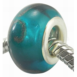 Handmade Lampwork European Beads, with Silver Color Brass Core, Rondelle, Dark Cyan, Size: about 13mm in diameter, 8.5mm thick, hole: 5mm