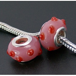 Handmade Bumpy Lampwork European Beads, with Silver Color Brass Core, Rondelle, Pink, Size: about 13mm in diameter, 8.5mm thick, hole: 5mm