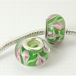 Handmade Inner Flower Lampwork European Beads, with Silver Color Brass Double Cores, Rondelle, Colorful, 13x8.5mm, Hole: 5mm