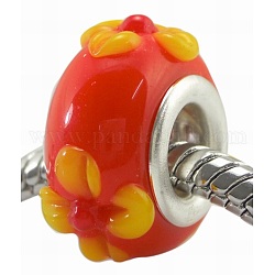 Handmade Bumpy Lampwork European Beads, with Silver Color Brass Core, Rondelle, Orange Red, Size: about 14.5mm in diameter, 9mm thick, hole: 5mm
