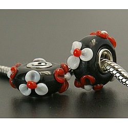 Handmade Bumpy Lampwork European Beads, with Single Silver Color Cupronickel Core, Rondelle, Black, Size: about 15mm in diameter, 8mm thick, hole: 4.5mm
