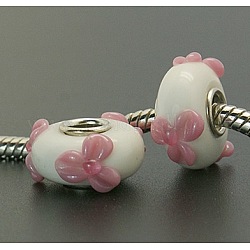 Handmade Bumpy Lampwork European Beads, with Single Silver Color Cupronickel Core, Rondelle, Pink, Size: about 15mm in diameter, 8mm thick, hole: 4.5mm