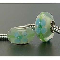 Handmade Lampwork European Beads, with Single Silver Color Cupronickel Core, Rondelle, Light Green, 14x8mm, Hole: 4.5mm