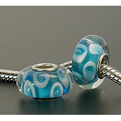 Handmade Lampwork European Beads, with Single Silver Color Cupronickel Core, Rondelle, Sky Blue, 14x8mm, Hole: 4.5mm