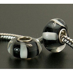 Handmade Lampwork European Beads, with Single Silver Color Cupronickel Core, Rondelle, Black, 14x8mm, Hole: 4.5mm