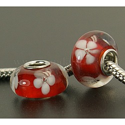 Handmade Lampwork European Beads, with Single Silver Color Cupronickel Core, Rondelle, Red, 14x8mm, Hole: 4.5mm