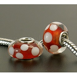 Handmade Lampwork European Beads, with Single Silver Color Cupronickel Core, Rondelle, Red, 14x8mm, Hole: 4.5mm