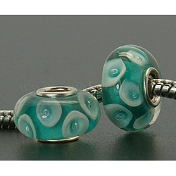 Handmade Lampwork European Beads, with Single Silver Color Cupronickel Core, Rondelle, Cyan, 14x8mm, Hole: 4.5mm