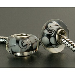 Handmade Lampwork European Beads, with Single Silver Color Cupronickel Core, Rondelle, Black, 14x8mm, Hole: 4.5mm