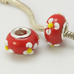 Lampwork European Beads, Silver Plated Brass Core Large Hole Beads, Rondelle, Red, about 13~14mm wide, 9~10mm long, hole: 5mm