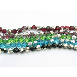 Chapelets de perles en verre, ronde à facettes, plaqué avec de l'argent, couleur mixte, perle: environ 4 mm de diamètre, Trou: 1mm, environ 13 pouce / brin, env 100 perle / Chapelet