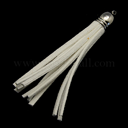 Suede Tassels, with Platinum Color Brass Findings, Nice for DIY Earring or Cell Phone Straps Making, White, 10x66mm, Hole: 1mm