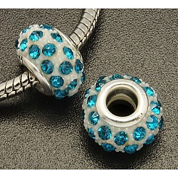 Glass Rhinestone European Beads, Large Hole Beads, Resin with Silver Color Brass Core, Rondelle, Blue Zircon, 14x9mm, Hole: 5mm