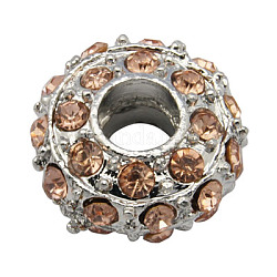 Alloy European Beads, with Grade A Rhinestone Beads, Large Hole Beads, Rondelle, Platinum Metal Color, Light Peach, 14x7mm, Hole: 5mm