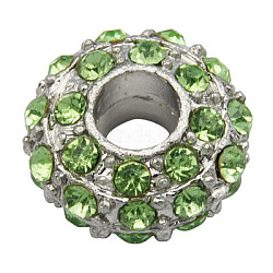 Alloy European Beads, with Grade A Rhinestone Beads, Large Hole Beads, Rondelle, Platinum Metal Color, Peridot, 14x7mm, Hole: 5mm