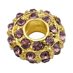 Alloy Rhinestone European Beads, Large Hole Beads, Golden Metal Color, Rondelle, Light Amethyst, 14x7mm, Hole: 5mm