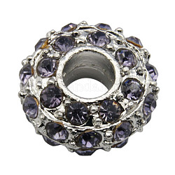 Alloy European Beads, with Grade A Rhinestone Beads, Large Hole Beads, Rondelle, Platinum Metal Color, Violet, 14x7mm, Hole: 5mm