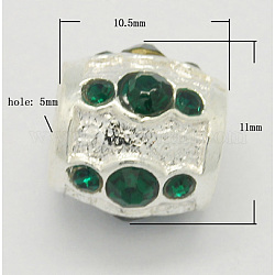 Alloy Rhinestone European Beads, Large Hole Beads, Lead Free and Cadmium Free, Drum, Silver Metal Color, Emerald, 10.5x11mm, Hole: 5mm