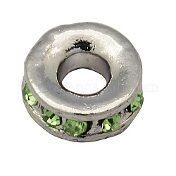 Alloy Rhinestone European Beads, Large Hole Beads, Rondelle, Platinum Metal Color, Peridot, 11x4mm, Hole: 4.3mm