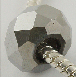 Electroplate Glass European Beads, Large Hole Beads, No Metal Core, Faceted Rondelle, Silver, about 14mm in diameter, 8mm thick, hole: 5mm