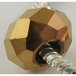 Electroplate Glass European Beads, Large Hole Beads, No Metal Core, Faceted Rondelle, Goldenrod, about 14mm in diameter, 8mm thick, hole: 5mm