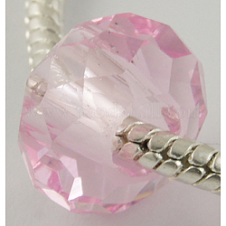 Glass European Beads, Large Hole Beads, No Metal Core, Faceted Rondelle, Pink, about 14mm in diameter, 8mm thick, hole: 5mm