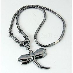 Magnetic Synthetic Hematite Necklaces, with Dragonfly Pendants and Brass Screw Clasps, Black, 525mm