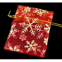 Golden Snowflake Printed Organza Packing Bags, for Festival Christmas Day, Rectangle, Red, 9x7cm