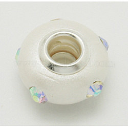 Muschelkernperlen europäischen Perlen, mit Strass-und Silberfarbe Messing Doppelkerne, Rondell, weiß, Größe: ca. 15mm Durchmesser, 10 mm dick, Bohrung: 5 mm