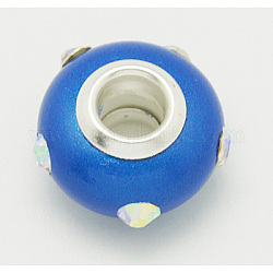 Abalorios europeos concha perla, con pedrería y núcleos dobles de latón en color plata, rerondana plana, azul real, tamaño: aproximamente 15 mm de diámetro, 10 mm de espesor, agujero: 5 mm