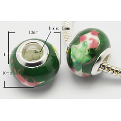 Handmade Porcelain European Beads, Large Hole Beads, with Nickel Color Brass Double Cores, Rondelle, Colorful, Size: about 13mm in diameter, 10mm thick, hole: 5mm