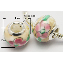 Handmade Porcelain European Beads, Large Hole Beads, with Nickel Color Brass Double Cores, Rondelle, Colorful, Size: about 13mm in diameter, 10mm thick, hole: 5mm
