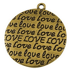 Ideas for Valentines Day Gifts for Him Zinc Alloy Pendants, Flat Round with Word Love, Antique Golden, Cadmium Free & Lead Free, 38x34x1mm, Hole: 2mm