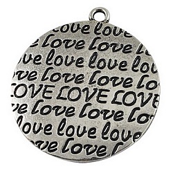 Ideas for Valentines Day Gifts for Him Zinc Alloy Pendants, Flat Round with Word Love, Antique Silver, Cadmium Free & Nickel Free & Lead Free, 38x34x1mm, Hole: 2mm