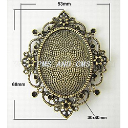 Bases para camafeos de aleación ovales, cadmio níquel sin gratuito y sin plomo, oro antiguo, 68x53x3mm, agujero: 4.5 mm, aptos para 2~2.5 mm de diamante de imitación