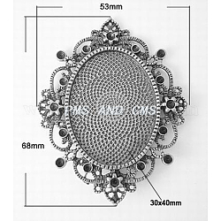 Alloy Oval Cabochon Settings, Cadmium Free Nickel Free & Lead Free, Antique Silver, 68x53x3mm, Hole: 4.5mm, Fit for 2~2.5mm rhinestone