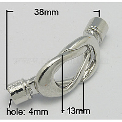 Alloy Magnetic Clasps with Glue-in Ends, Twist, Platinum, 38x13mm, Hole: 4mm