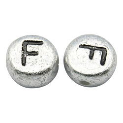 Perles de lettre à trou horizontal acrylique plaqué couleur argent, plat rond, letter.f, 7x3.5mm, Trou: 1mm, environ 3600 pcs/500 g