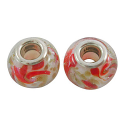 Handmade Lampwork European Beads, Red, Rondelle, with Gold Sand, with Silver Color Brass Core, Rondelle, Red, about 14mm wide, 11mm long, hole: 5mm